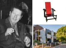 Z lewej: Gerrit Rietveld; Z prawej na górze: Czerwono-niebieskie krzesło ; Z prawej na dole: Dom Rietvelda w Utrechcie Z lewej: Gerrit Rietveld; Z prawej na górze: Czerwono-niebieskie krzesło ; Z prawej na dole: Dom Rietvelda w Utrechcie