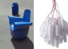 "Fotel z beczki" proj. Robert Pludra i Jakub Sobiepanek i "Produkt Mleczny" z buteleczek po jogurcie, proj. Daria Burlińska. Fotel z beczki, Pludra, Sobiepanek, Produkt mleczny, Burlińska