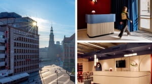 Fot. z lewej: budynek dawnej Miejskiej Kasy Oszczędności we Wrocławiu; Fot. z prawej: wnętrza B&B HOTEL Wrocław Old Town, proj.  AKA Studio