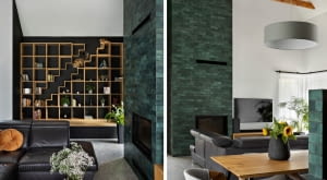 Wysoka, sięgająca sufitu obudowa kominka  z zielonymi płytkami-cegiełkami tworzy wyrazisty akcent wnętrza. Misterne układanie  i fugowanie drobnych kafli wymagało ogromnej precyzji – zadaniu temu, podobnie jak wielu innym wymagającym wytrwałości, sprostali Krzysztof i Maciej z ekipy budowlanej Kombuilder Krzysztof Czapski.