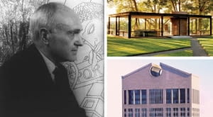 Z lewej: Philiip Johnson; z prawej na górze: Glass House; z prawej na dole: 550 Madison Avenue