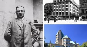 Z lewej: Adolf Szyszko-Bohusz; Z prawej na górze: Budynek Feniksa na Rynku Głównym w Krakowie; Z prawej na dole: Zameczek Prezydenta RP w Wiśle