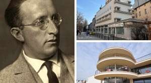 Z lewej: Erich Mendelsohn; Z prawej na górze: Dom Tekstylny Weichmanna w Gliwicach; Z prawej na dole: De La Warr Pavilion w Bexhill-on-Sea