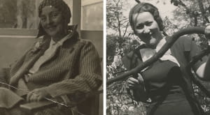 Fot. z lewej:  Barbara Brukalska w holu domu własnego przy ul. Niegolewskiego 8 w Warszawie; Fot. z prawej: Helena Syrkus, lata 30. XX w., fotografia, zbiory Muzeum Sztuki w Łodzi