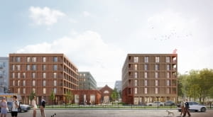 Zabudowa terenu dawnej fabryki Perun przy ul. Grochowskiej 301/305 w Warszawie - widok od strony ul. Grochowskiej. Proj. WWAA