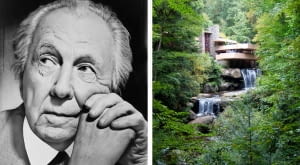 Z lewej: Frank Lloyd Wright; z prawej: Fallinwater (Dom nad wodospadem)