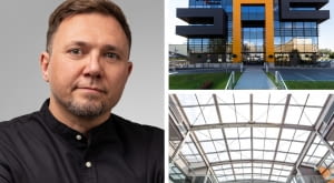Z lewej: Maciej Zuber; Z prawej: biurowiec JSW w Katowicach