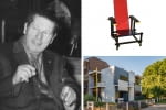 Z lewej: Gerrit Rietveld; Z prawej na górze: Czerwono-niebieskie krzesło ; Z prawej na dole: Dom Rietvelda w Utrechcie