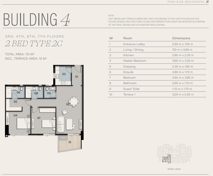 Floor plan for apartment at Park Side Residences