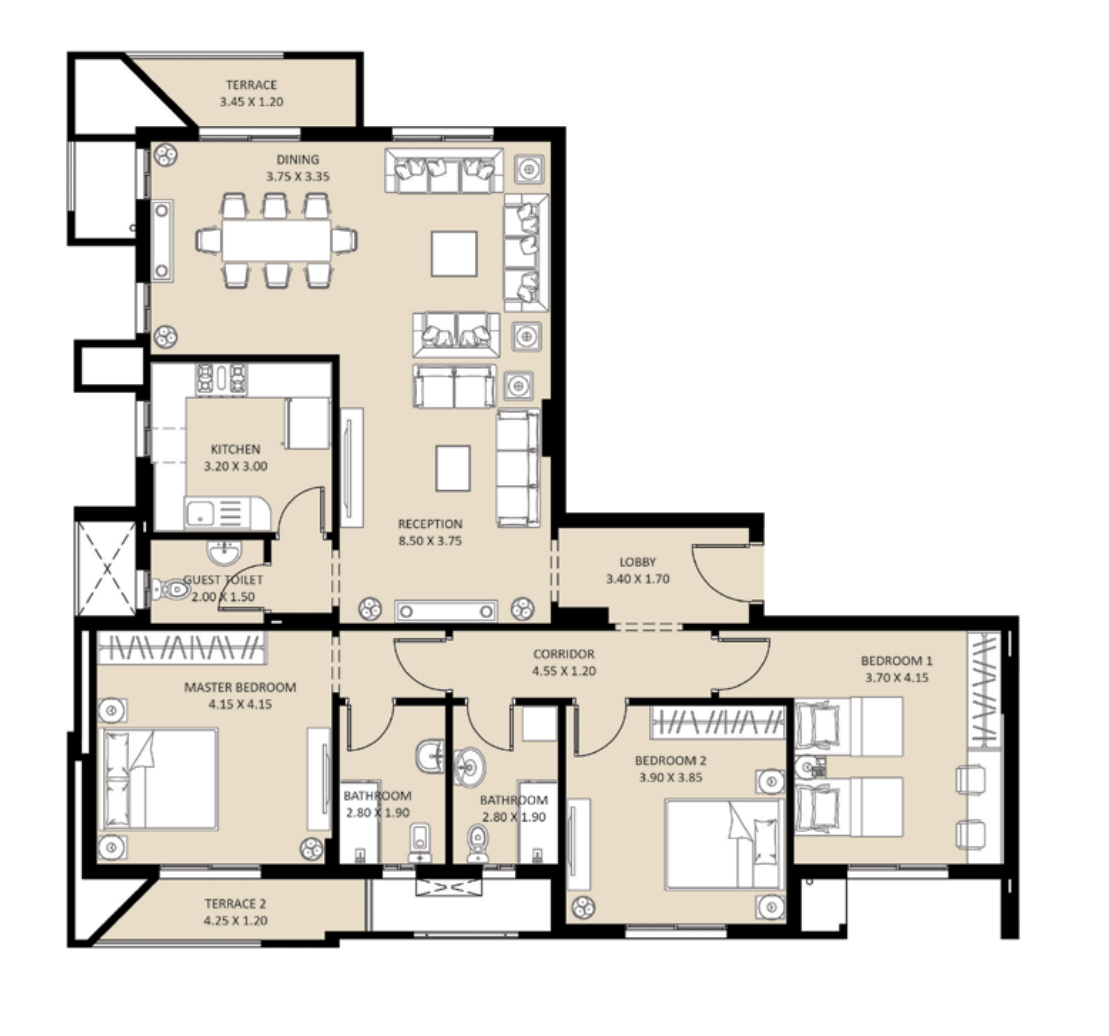 Floor plan for apartment at Bleu Vert
