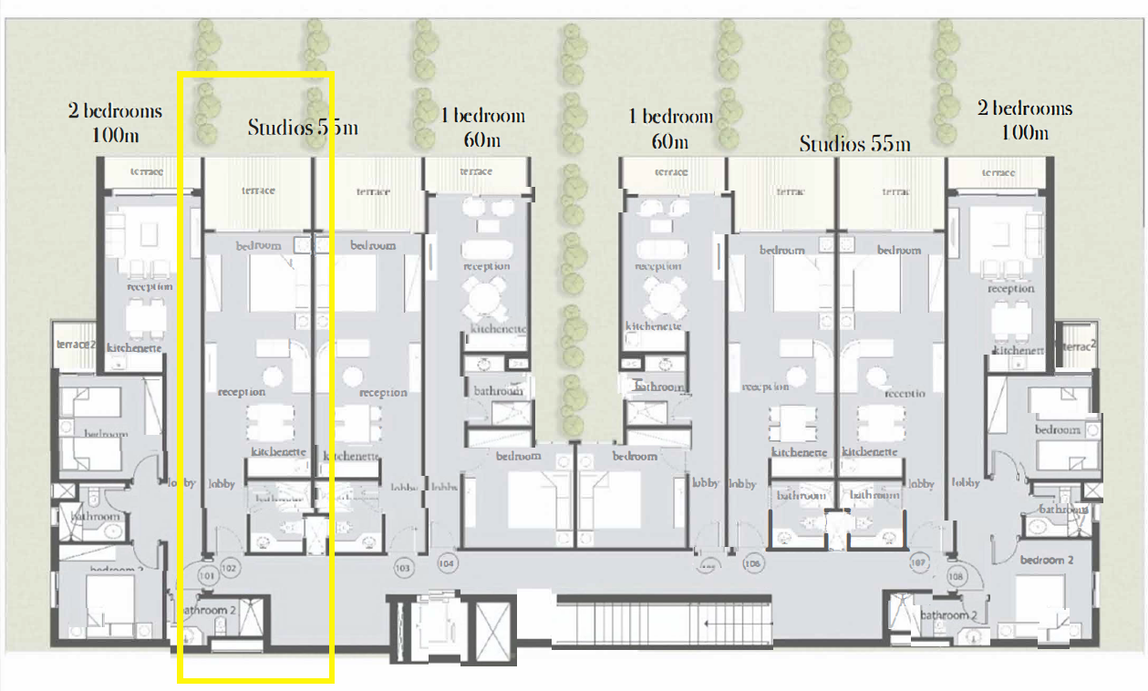 Floor plan for studio at Carnelia