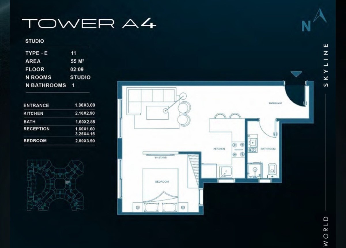 Floor plan for studio at Skyline