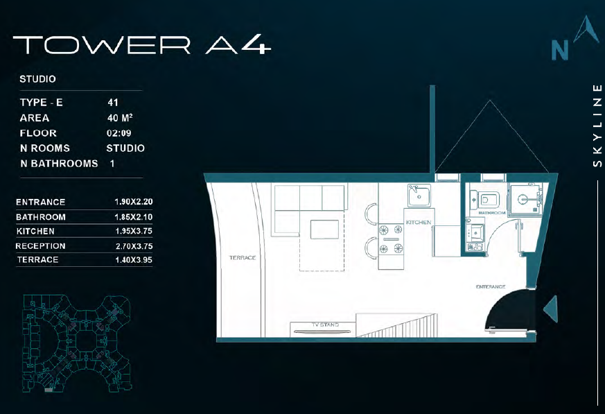 Floor plan for studio at Skyline