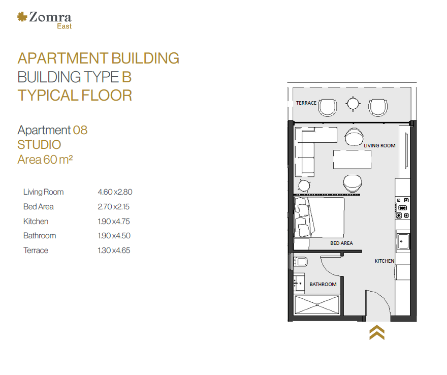 Floor plan for studio at Zomra East