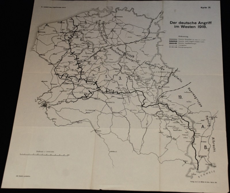 Карта  Der deutsche Angriff in Westen 1918 . Напад Німеччини на Заході 1918.