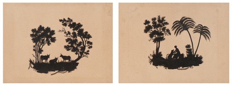 Силуетні малюнки: а) жінка з собакою;  б) три корови