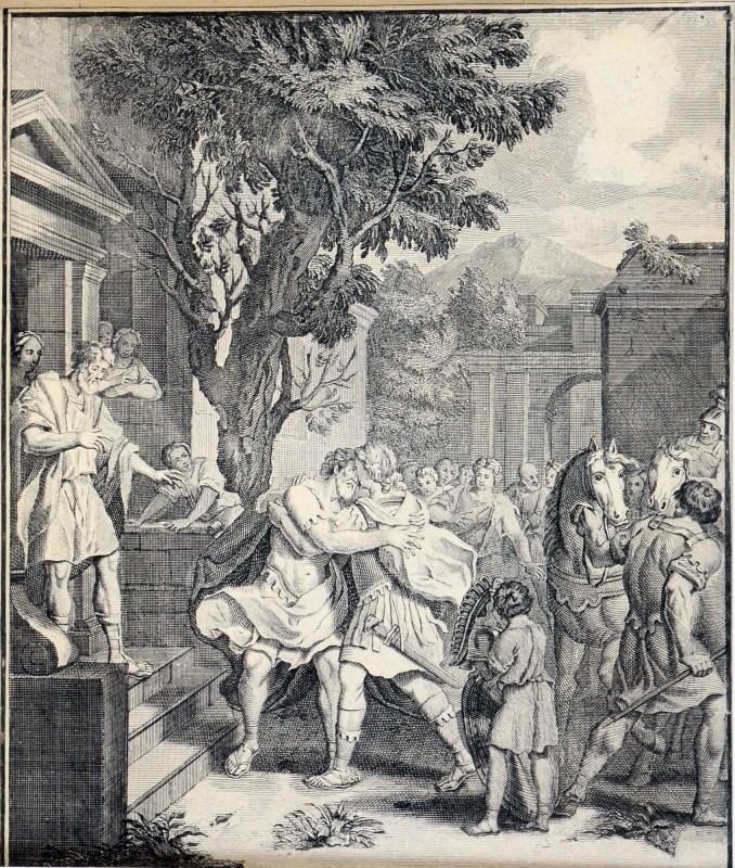 Зустріч Телемака з Уліссом. Ілюстрація до  книги Ф. Фенелона «Пригоди Телемака», 1747.