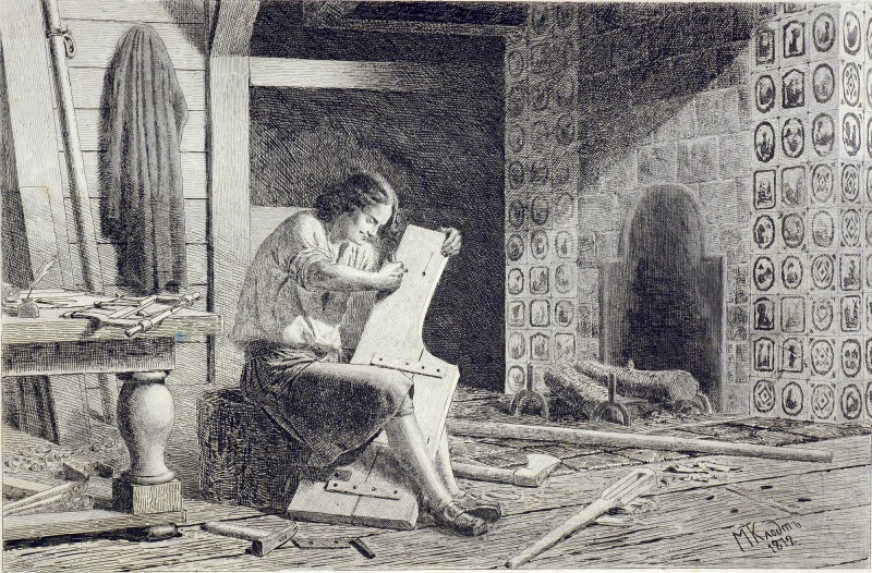 Петро І в своїй кімнаті в Саардамі обробляє руль. 1872.