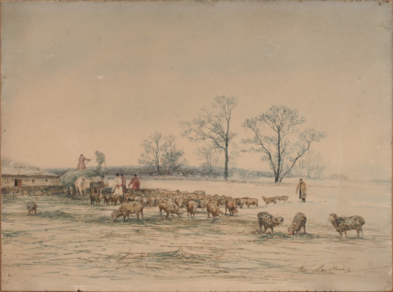 Вівці на засніженій поляні (Пейзаж з отарою)