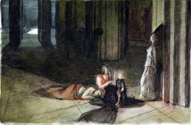 Театральний ескіз. Три жіночі фігури біля колон