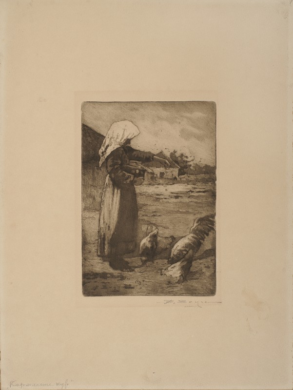 Жінка годує курей