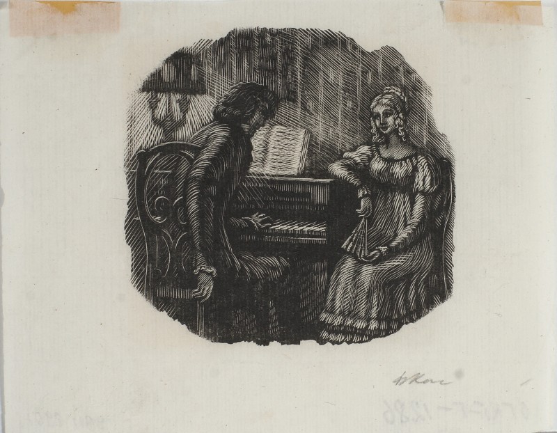 ). Ілюстрація до роману О. Пушкіна «Євгеній Онєгін». Лєнський та Ольга за клавікордами