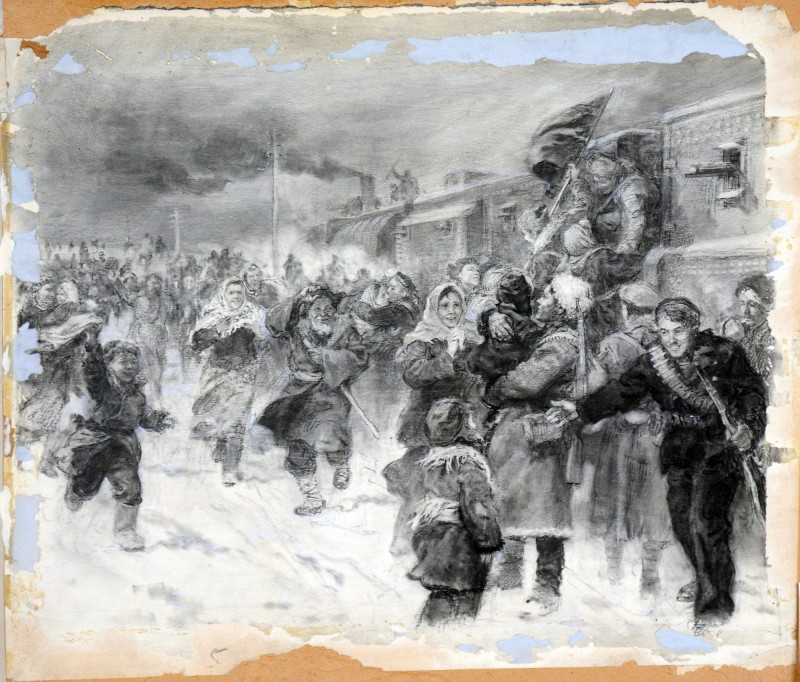 Ілюстрація до повісті М. Нікітіна «Північна Аврора». Прибуття бронепоїзда