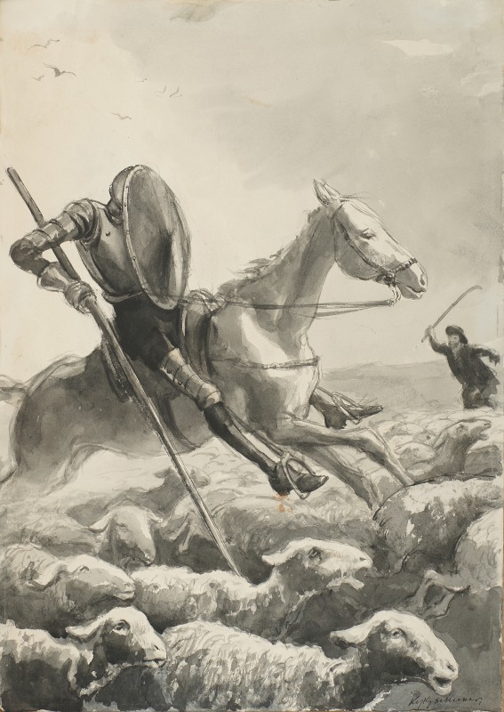 Ілюстрація до роману М. де Сервантеса Сааведра «Премудрий ідальго Дон-Кіхот з Ламанчі».Сцена із вівцями