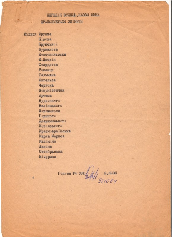 Мащинодрук переліку вулиць, назви яких пропонується змінити