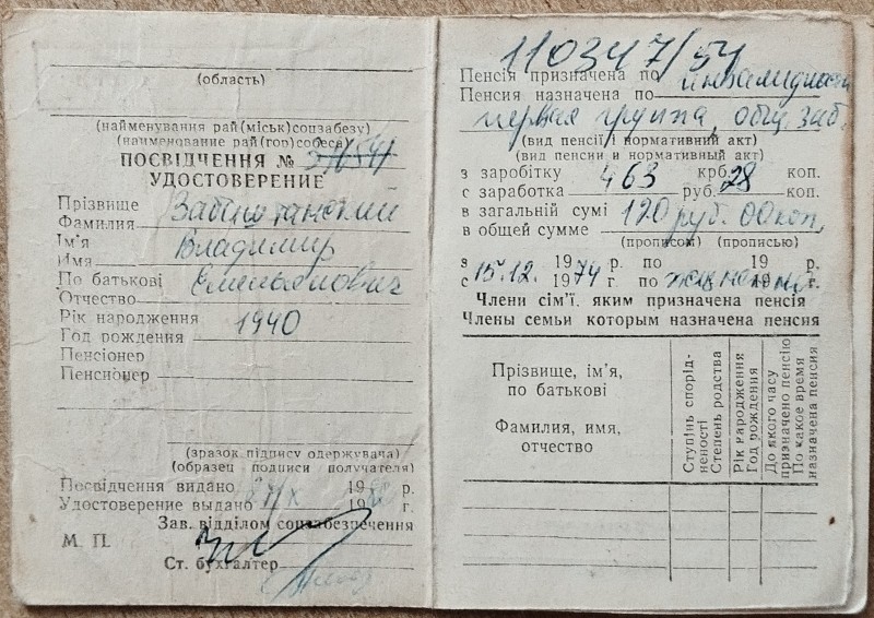 Пенсійне посвідчення громадянина УРСР №11034/54 Володимира Омельяновича Забаштанського