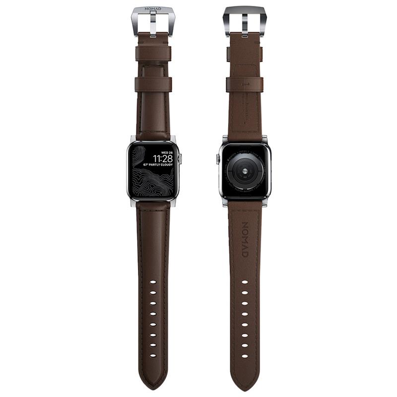 Nomad kožený řemínek pro Apple Watch 49/45/44 mm - Traditional Brown/Silver Hardware