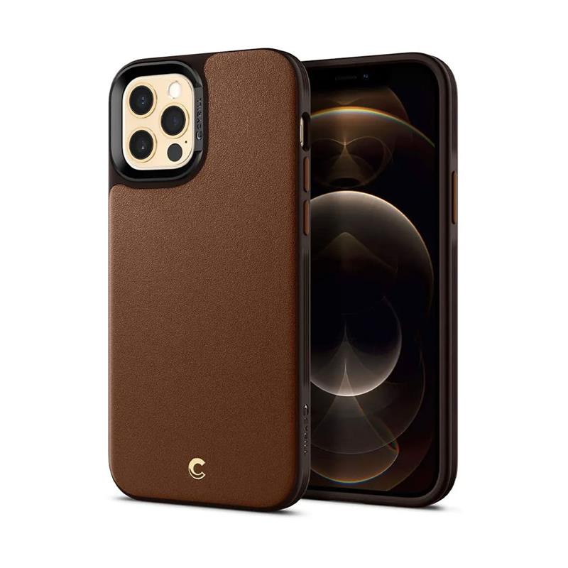 Spigen kryt Leather Brick pre iPhone 12/12 Pro - Saddle Brown