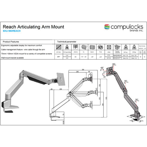 Compulocks Cling Reach Universal Tablet Articulating Arm, Silver/Black