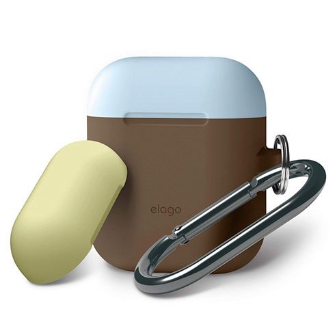 Elago Airpods Silicone Duo Hang Case - Dark Brown/Pastel Blue, Yellow