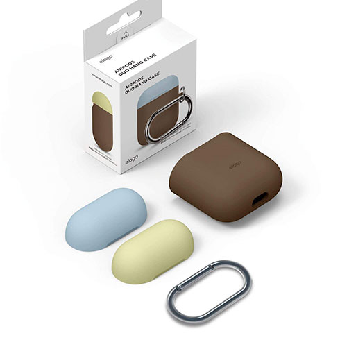 Elago Airpods Silicone Duo Hang Case - Dark Brown/Pastel Blue, Yellow