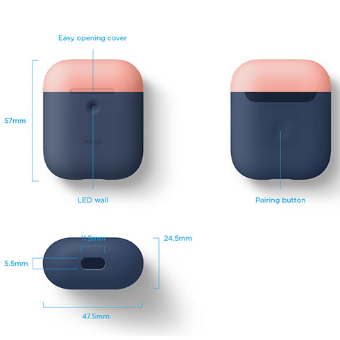 Elago Airpods 2 Silicone Duo Case - Jean Indigo/ Peach, Gray
