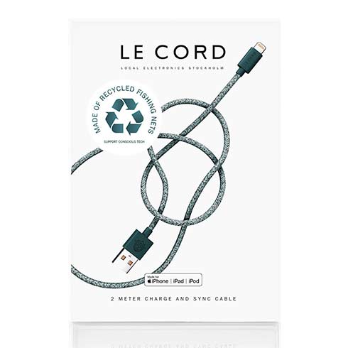 Le Cord kábel Braided Recycled Cable Lightning to USB 2m - Ghost Net Green