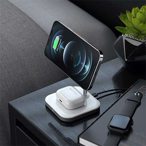 Satechi 2-in-1 Magnetic Wireless Charging Stand - White Aluminium