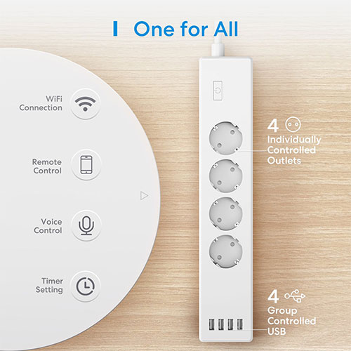 Meross Smart Wi-Fi Power Strip 4AC+4USB Apple Home - White