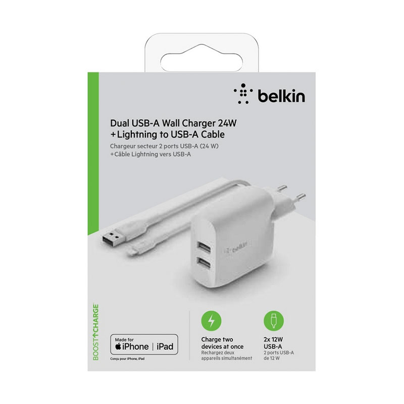 Belkin Boost Charge Dual USB-A Wall Charger 24W + 1m USB/Lightning kábel - White