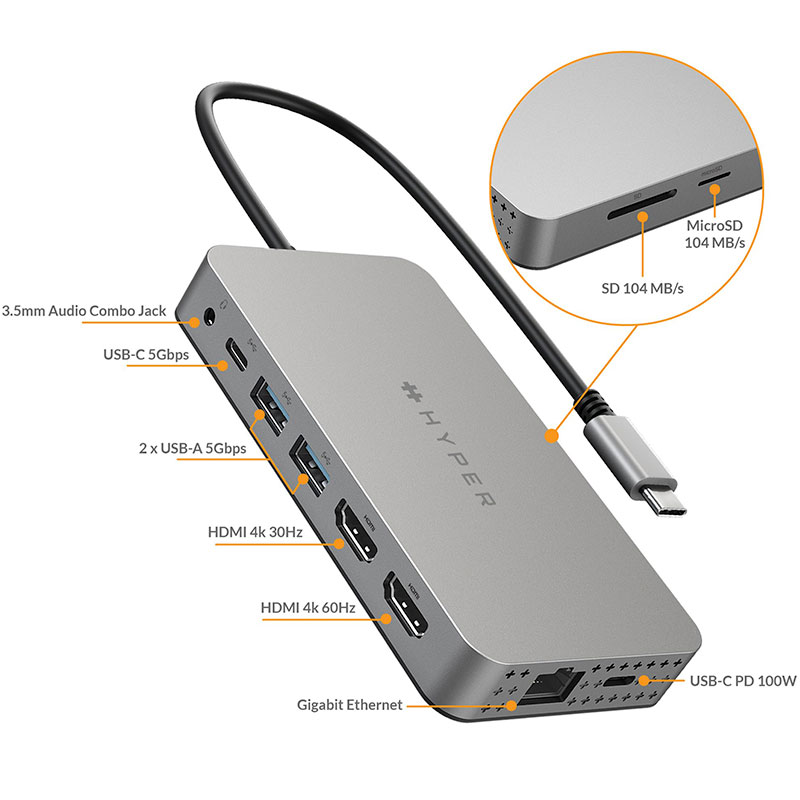 Hyper HyperDrive Dual 4K HDMI 10-in-1 USB-C Hub - Space Gray
