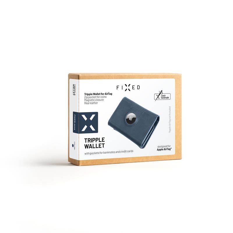FIXED kožená peněženka Tripple Wallet for Air Tag z pravé hovězí kůže, modrá