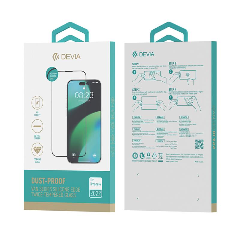 Devia ochranné sklo Van Series Silicone Edge pre iPhone 14 - Black Frame