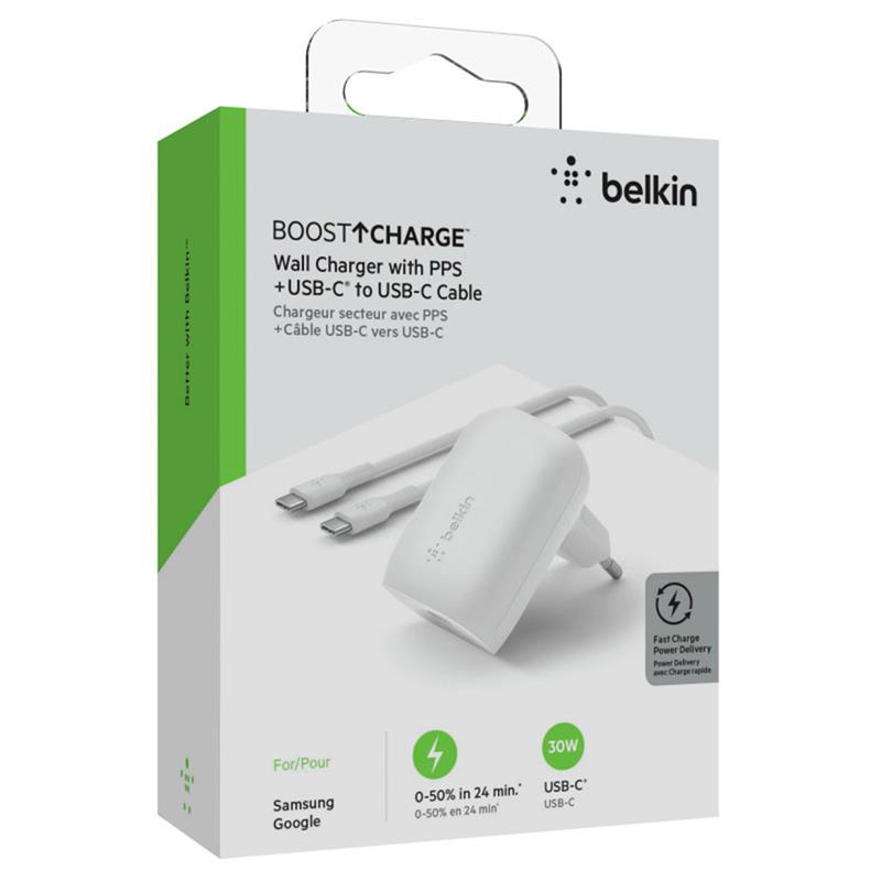 Belkin 30W PD 3.0 PPS USB-C Wall Charger + USB-C/USB-C kábel 1m - White