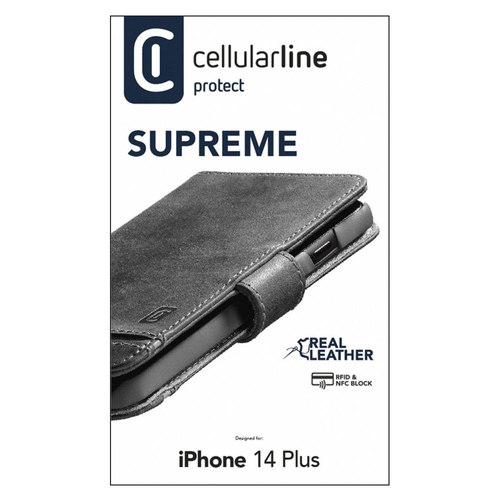 CellularLine Prémiové kožené puzdro typu kniha Supreme pre Apple iPhone 14 Plus, čierne