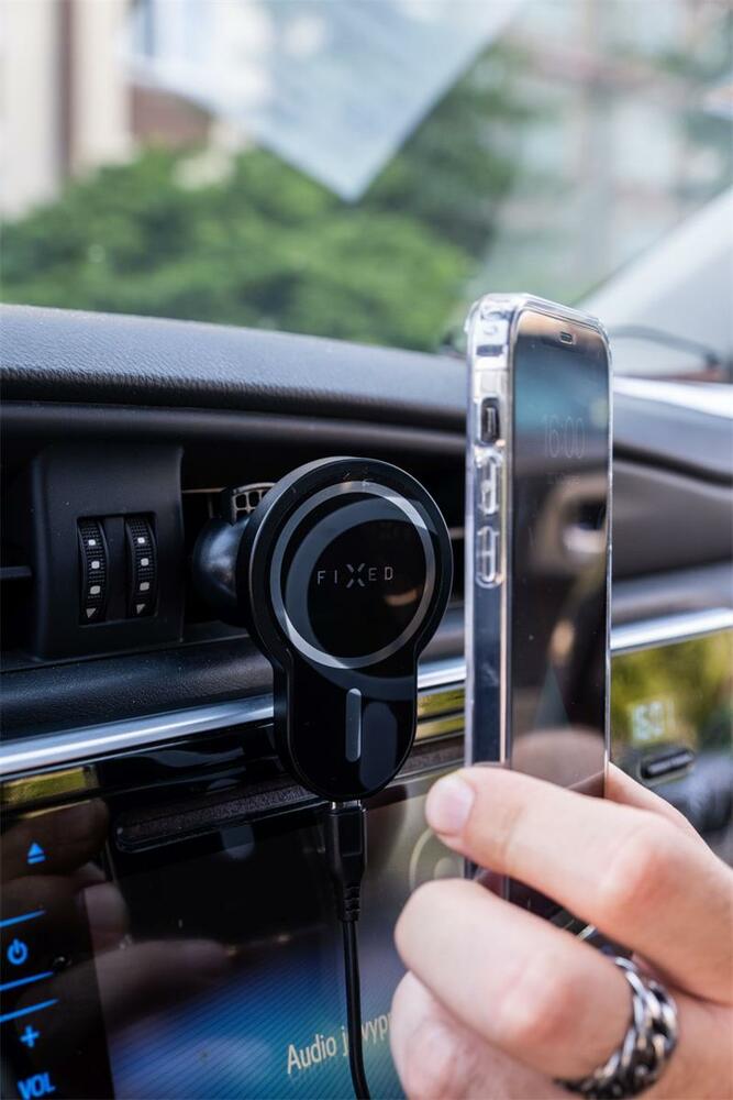 FIXED MagClick s podporou uchytenia MagSafe, 15W,držiak s bezdrôtovým nabíjaním,  čierny