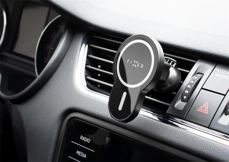 FIXED MagClick s podporou uchytenia MagSafe, 15W,držiak s bezdrôtovým nabíjaním,  čierny