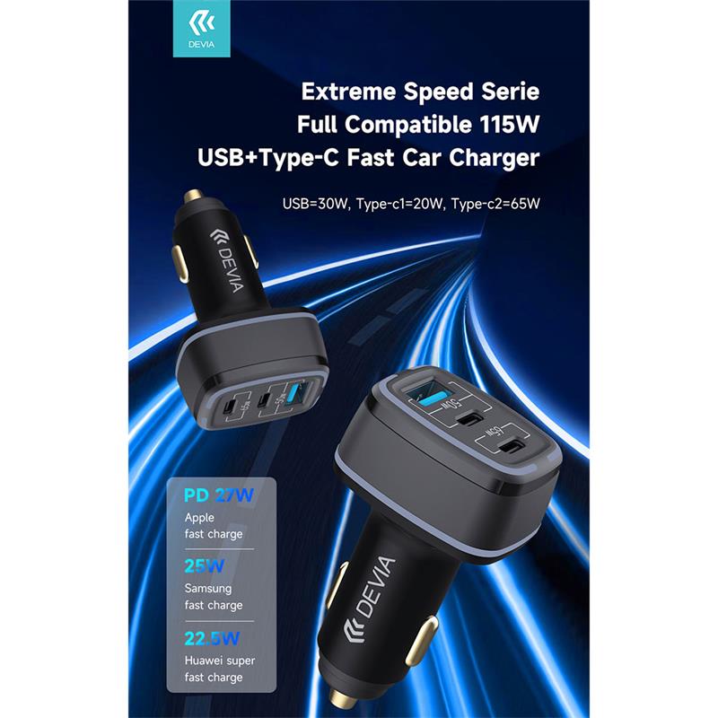 Devia nabíjačka do auta Extreme Speed Series 115W USB+2C Fast Car Charger  - Black