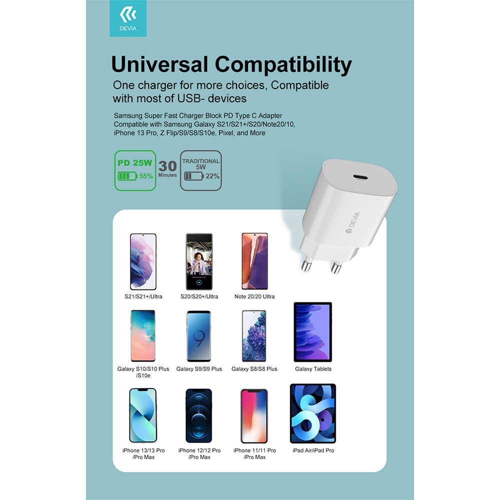 Devia sieťová nabíjačka Smart series PD Quick Charger 25W - White