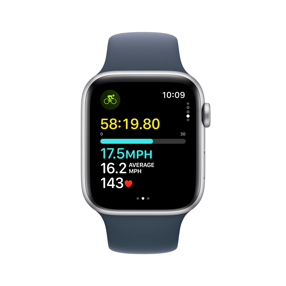 Apple Watch SE GPS 44mm Strieborný hliník s búrkovo modrým športovým remienkom - M/L